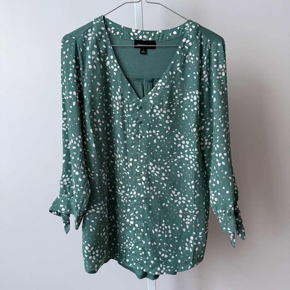 FORTUNE+IVY sz S Green Speckled V Neck Office Chic Casual Blouse